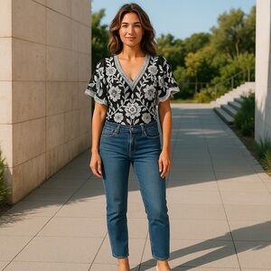 Honey Punch Metallic Floral Embroidered On Black Sheer Background Bodysuit S